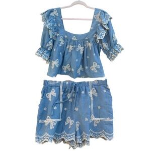 Mable Chambray Eyelet Bows Embroidered Two-Piece Set